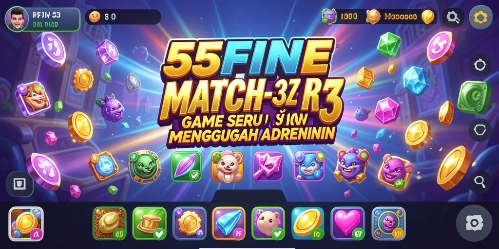 Screenshot gameplay seru 55FIVE yang menampilkan tantangan Match-3.