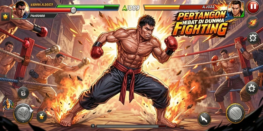 Tampilan gameplay pertarungan intens di AJO89 dengan berbagai karakter.