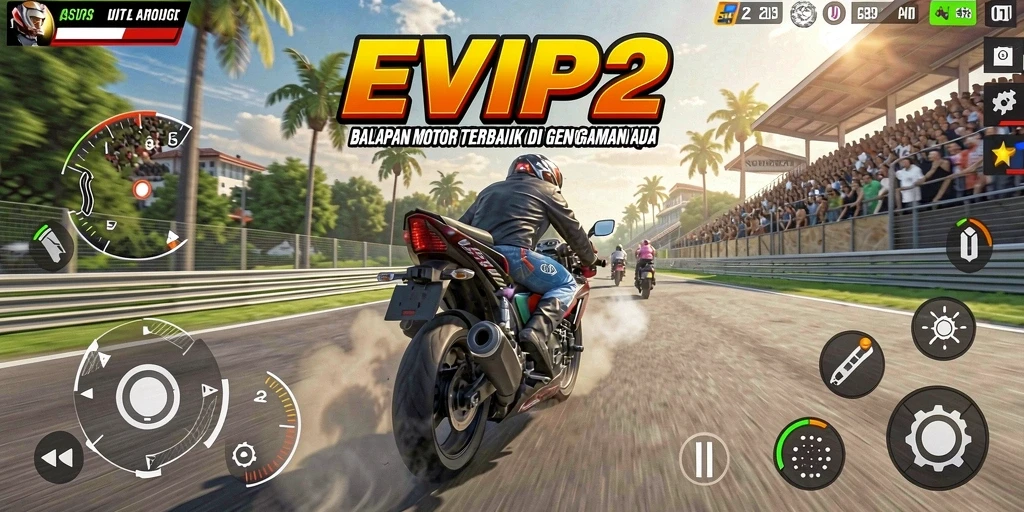 Screenshot gameplay balapan motor yang mendebarkan di EVIP2.