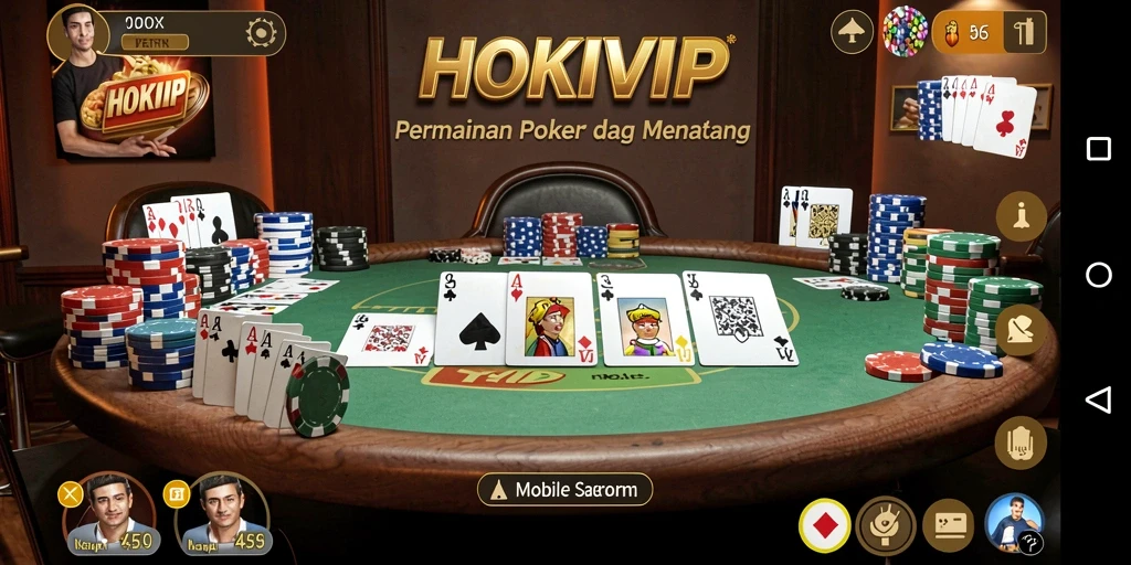 Tampilan gameplay seru dalam aplikasi HOKIVIP menunjukkan aksi Poker yang mendebarkan.