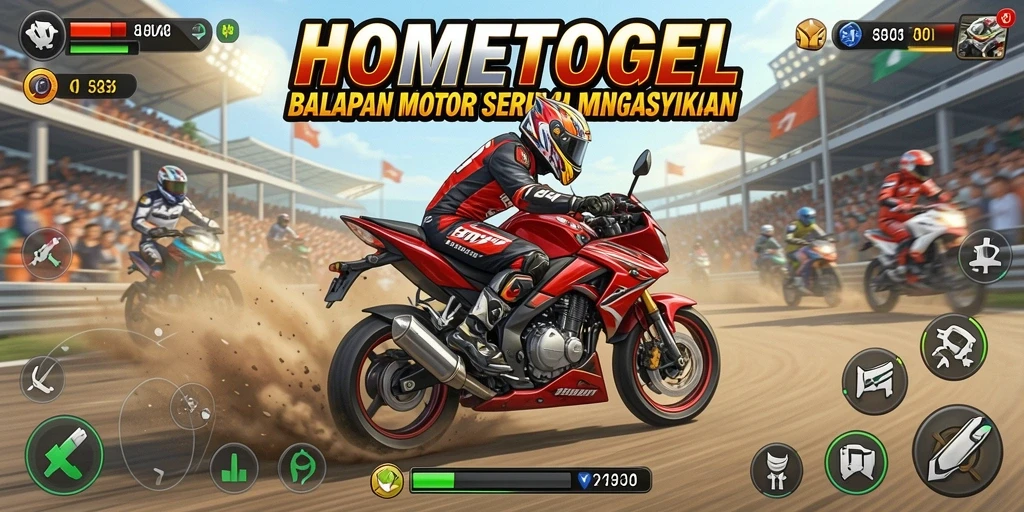 Tampilan gameplay seru dalam HOMETOGEL saat balapan motor.