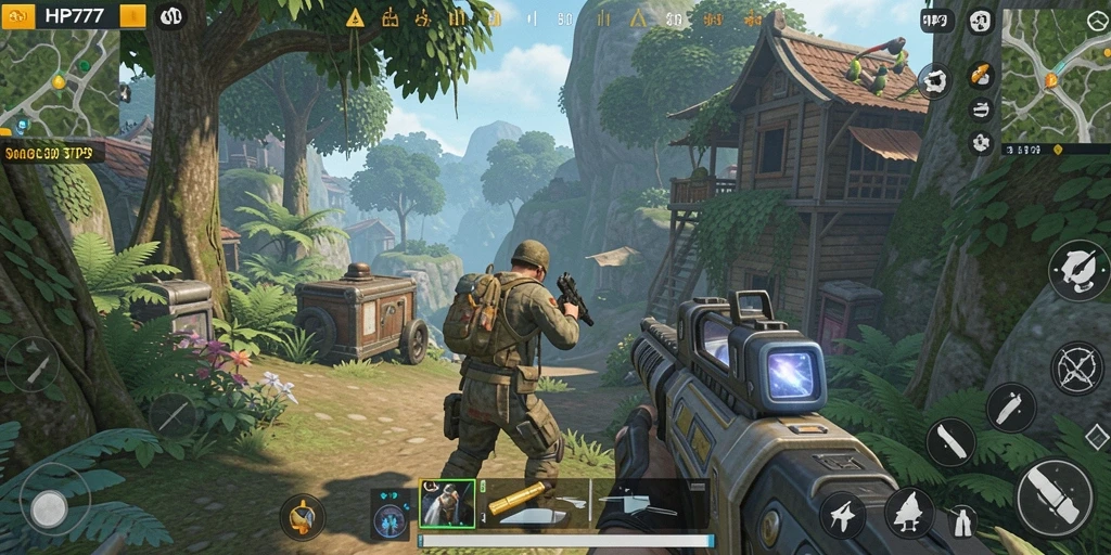 Screenshot dari gameplay HP777 menampilkan aksi seru dalam pertempuran TPS.