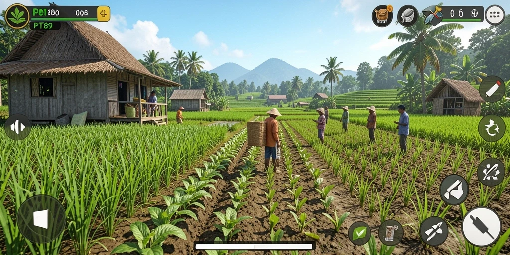 Tangkapan layar gameplay PT89 yang menunjukkan pertanian yang luas dan makmur.