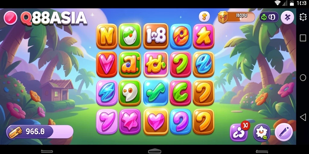 Tampilan gameplay seru QQ88ASIA dengan elemen Match-3 berwarna-warni.