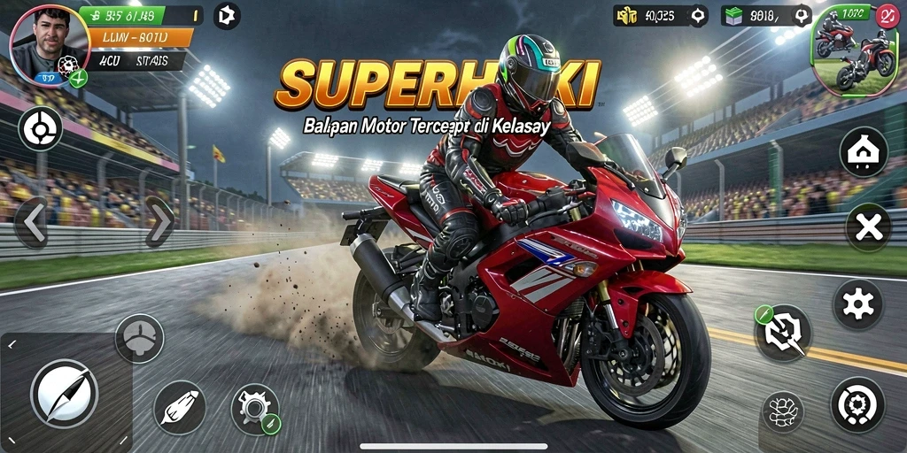 Screenshot dari gameplay SUPERHOKI menampilkan aksi balapan motor yang mendebarkan.