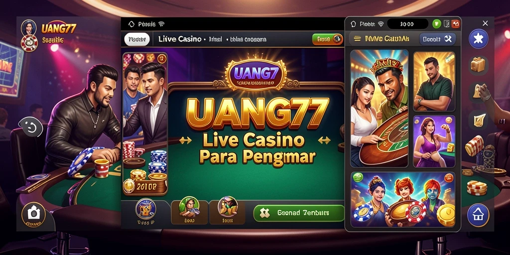 Screenshot permainan Live Casino UANG77 dengan dealer dan peserta aktif.