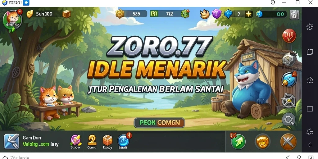 Tampilan screenshot utama ZORO77 dengan karakter dalam aksi Idle.